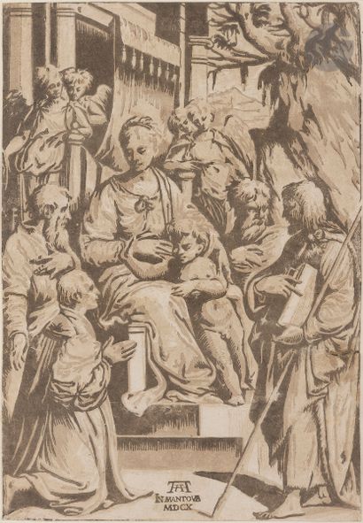 null Alessandro Ghandini (XVII c.
)The Virgin surrounded by saints. 1610. Wood engraved...