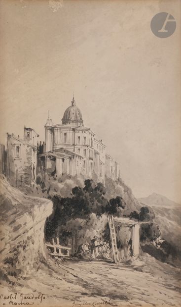  Conzalvo CARELLI (Naples 1818 - 1900) Castel Gandolfo Plume et encre noire, lavis...