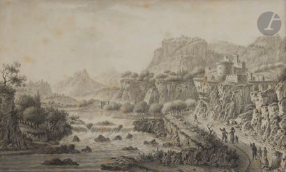null ÉCOLE FRANÇAISE du XVIIIe siècle
Paysage animé à la cascade
Plume et lavis d’encre...
