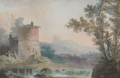 null ÉCOLE FRANÇAISE du XVIIIe siècle
Paysage fluvial animé
Gouache.
(Insolé).
1...