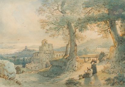 null Claude THIENON (Paris 1772 - 1846)
Paysage animé d’un monastère en Italie 
Aquarelle...