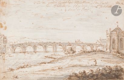 null ÉCOLE FRANÇAISE du XVIIIe siècle 
Vue du grand pont de Meulan
Plume et encre...