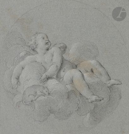  ÉCOLE FRANÇAISE du XVIIIe siècle Amour sur un nuage Crayon noir et craie blanche...
