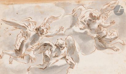  Attribué à Gregorio DE FERRARI (Imperia 1647 - Gênes 1726) Trois anges au ciel Plume...