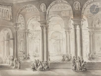  Georges François BLONDEL (1730 - 1791 ?) Vue animée, intérieur d’un édifice religieux...
