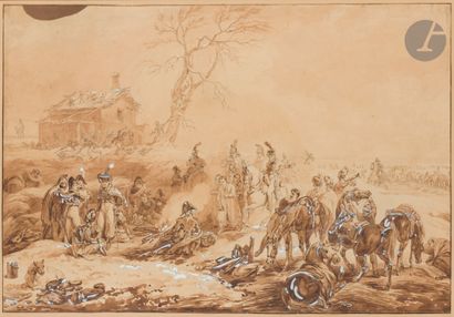 null Hippolyte LECOMTE 
(Puiseaux 1780 - Paris 1857)
Cavaliers arrivant au bivouac
Plume...