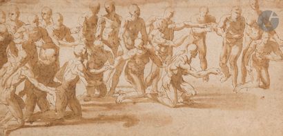  ÉCOLE ITALIENNE du XVIe siècle, suiveur de PARMESAN Scène avec figures nues en imploration...