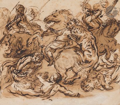  ÉCOLE FRANÇAISE du XVIIIe siècle La Chasse au tigre d’après Rubens Plume et encre...