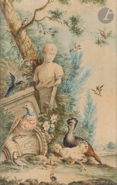 null *Aert SCHOUMANN (1710-1792)
Paire de perdrix et faisans dorés
2 aquarelles gouachées.
Signées...