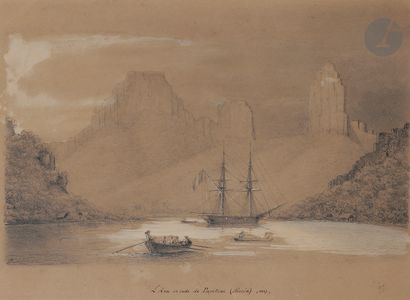  ÉCOLE FRANÇAISE du XIXe siècle Voilier dans la baie de Papeete, 1847 Crayon noir,...