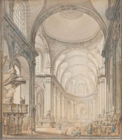  ÉCOLE FRANÇAISE du XVIIIe siècle Intérieur animé de l’église Saint-Roch Plume et...