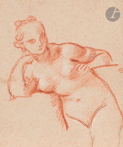 null ÉCOLE FRANÇAISE du XVIIIe siècle 
Étude de femme nue accoudée
Sanguine, crayon...