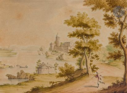  ÉCOLE DU NORD vers 1700 Paire de paysages animés Aquarelle. (Insolée). 15 x 20 cm...