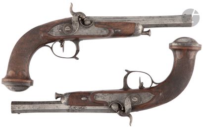 null Pair of converted flintlock percussion pistols. 

Ribbon damascus barrels with...