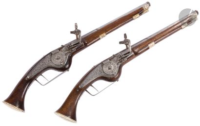 null Long pair of long wheel guns.
Round barrels with beads to the mouths finely...