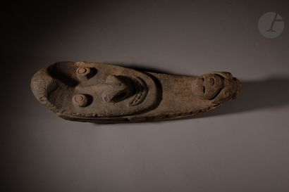 null Ancient drum or dugout front carved in the shape of a crocodile's mouth, clearly...