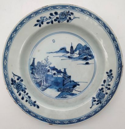 Porcelain plate with blue and white lake...