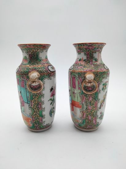  Pair of small porcelain vases, China, Canton, late 19th centuryPolychrome decoration...