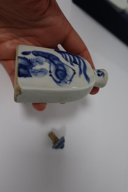null Six flacons à médecine en porcelaine bleu et blanc dans leur coffret, Chine,...