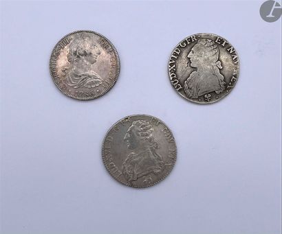 null Lot de 3 monnaies en argent, 2 écus Louis XVI, 1785 Bayonne, 1790 Rouen.

Joints...
