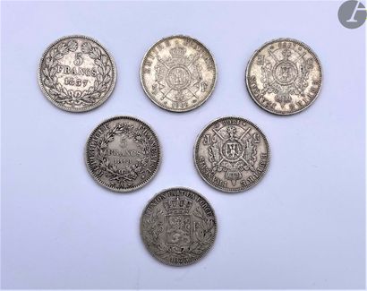  Lot de 6 pièces de 5 francs en argent XIXe 
- 1 exemplaire Louis-Philippe I. 1837...