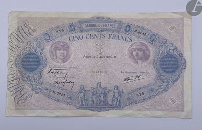 null Bill of 50 francs of 9 March 1939, 1000 francs 9 March 1933, 100 francs 2 copies...