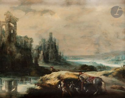 null Jan TILENS (Anvers 1589 - 1630)
Chasseurs dans un paysage de ruines
Panneau...