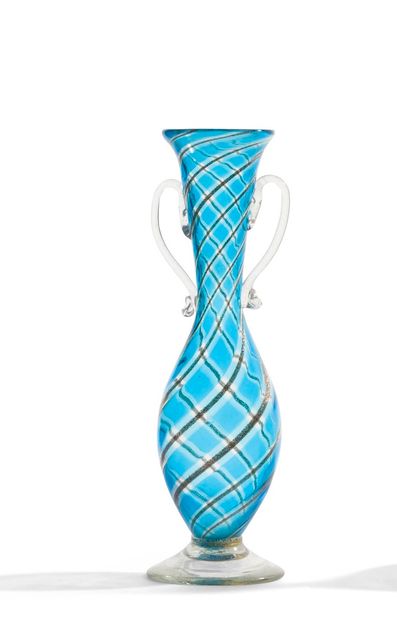null Blown glass vase with multi-colored spiral ribbons in light turquoise and adventurine....