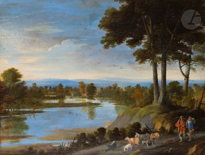  Attribué à Herman Van SWANEVELT (1603 - 1655) Paysage avec des bergers et leur troupeau...