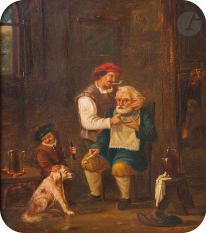  In the taste of Isaac VAN OSTADE The Barber Panel Bears a signature lower left "Teniers"...