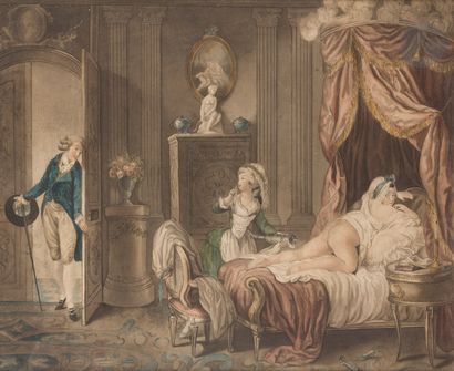  18th century FRENCH SCHOOL The indiscreet Watercolor and pen 37 x 45 cm