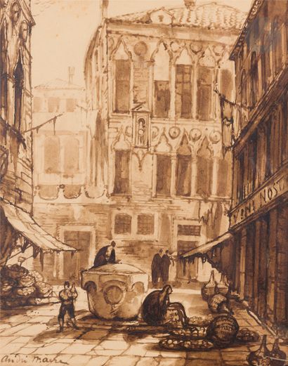  André MAIRE (1898-1984) Venice, the market Ink and ink wash Signed lower left 36...