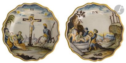 null Castelli
Three earthenware plates with polychrome decoration of landscapes and...