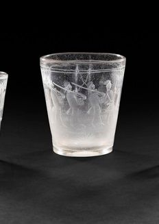 null Large glass goblet decorated with two cartouches engraved on one side with two...
