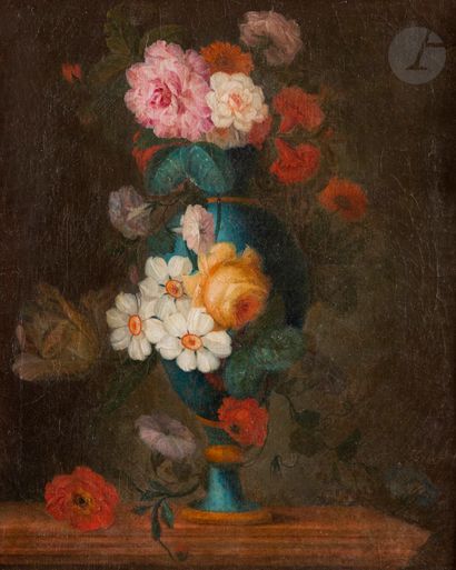  Philippe PARPETTE (? 1738 - ? 1806) Vase de fleurs sur un entablement Toile et châssis...