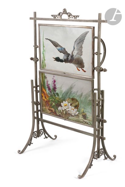 null Metal fireplace screen, the panels painted with ducks, the openwork uprights...