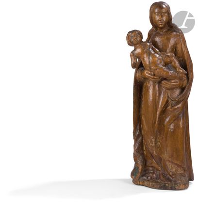  Vierge à l’Enfant en noyer sculpté en ronde-bosse avec restes de polychromie. Début...