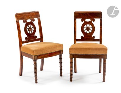 null Pair of chairs in mahogany and stained wood, the back openwork with a rose,...