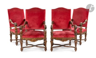  Suite of four armchairs, four chairs and a sofa (covered differently) in carved...