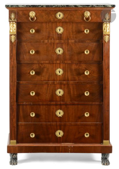 null *Mahogany handstand opening to seven drawers with lion's heads and palm-tree...