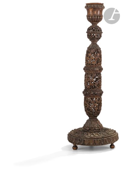 null Large carved boxwood torch with openwork decoration of vine branches and flowers;...