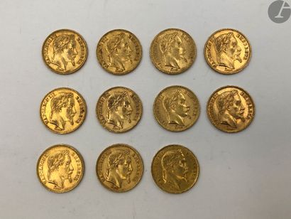 11 pièces de 20 Francs en or. Type Napoléon...