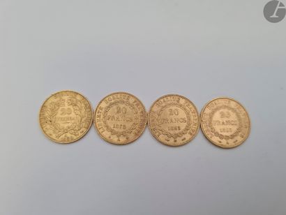  4 pièces de 20 Francs en or: 
- 1 pièce de 20 Francs en or. Type Cérès. 1850 A 
-...
