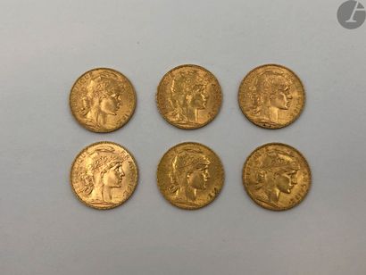 6 pièces de 20 Francs en or. Type Coq