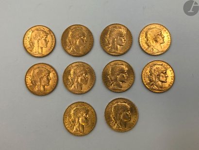10 pièces de 20 Francs en or. Type Coq