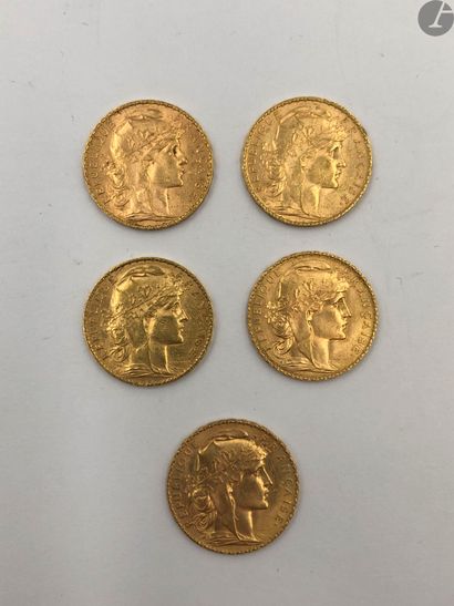 null 5 pièces de 20 Francs en or. Type Coq. 1901 - 1904 (2) - 1910 (2).