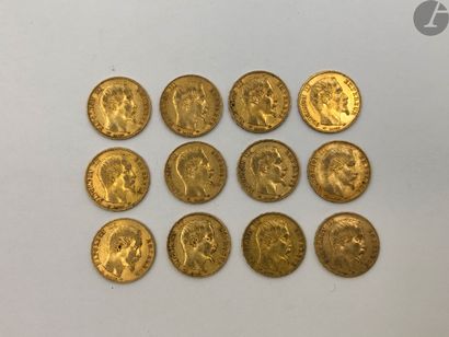  12 pièces de 20 Francs en or. Type Napoléon III tête nue.