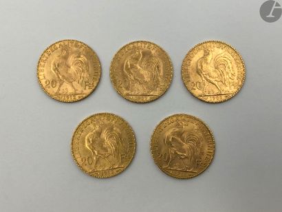  5 pièces de 20 Francs en or. Type Coq. 1909 (2) - 1912 (2) - 1914.