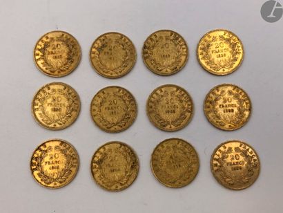  12 pièces de 20 Francs en or. Type Napoléon III tête nue.