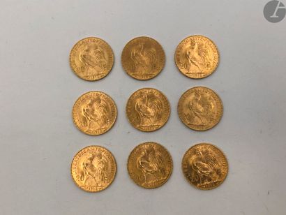  9 pièces de 20 Francs en or. Type Coq
